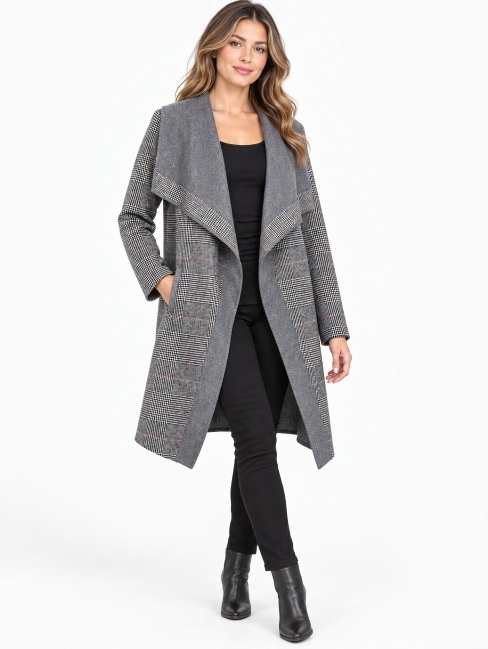 Lucky Brand Glen Plaid Waterfall Wool Blend Wrap Coat Gray Size XS